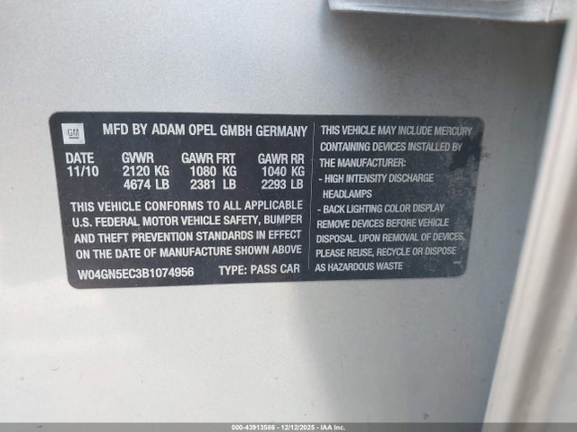Aukcja sprzedaży 2011 Buick Regal Cxl, vin: W04GN5EC3B1074956, numer aukcji: 43913586