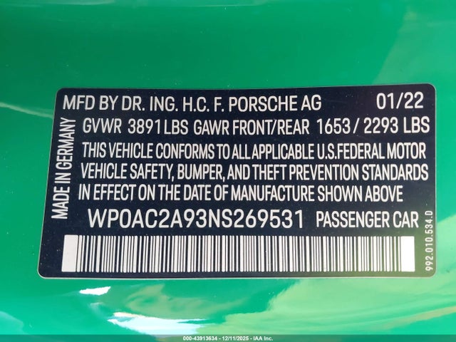 WP0AC2A93NS269531 Porsche 911 GT3