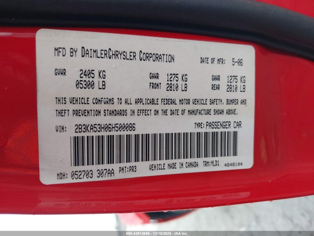 Aukcja sprzedaży 2006 Dodge Charger Rt, vin: 2B3KA53H06H500086, numer aukcji: 43913696