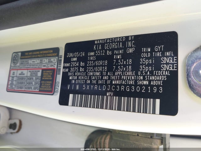 Продаж на аукціоні авто 2024 Kia Sorento S, vin: 5XYRLDJC3RG302193, номер лоту: 43913702