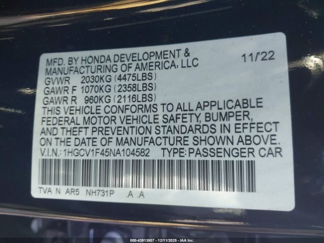 2022 HONDA ACCORD 1HGCV1F45NA104582 Photo 8