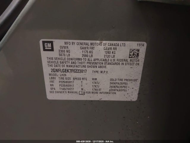 2GNFLGEK7F6223017 Chevrolet Equinox 2lt