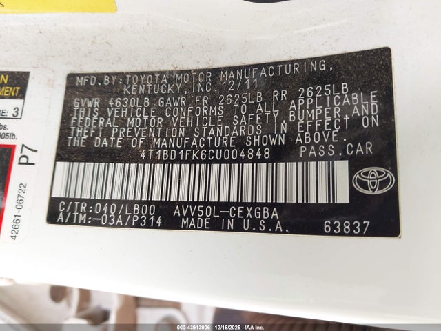 Продажа на аукционе авто 2012 Toyota Camry Hybrid Xle, vin: 4T1BD1FK6CU004848, номер лота: 43913906