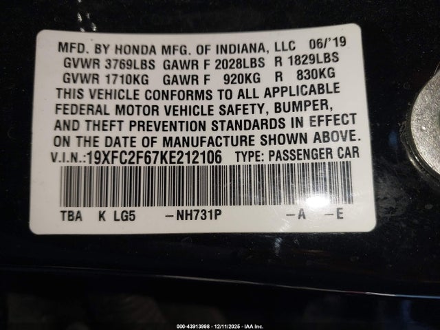Honda Civic Lx 2019 19XFC2F67KE212106 Image 9