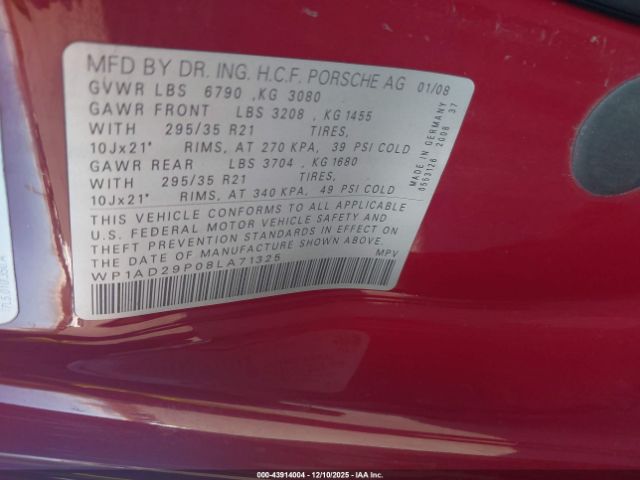 2008 PORSCHE CAYENNE WP1AD29P08LA71325 Photo 8