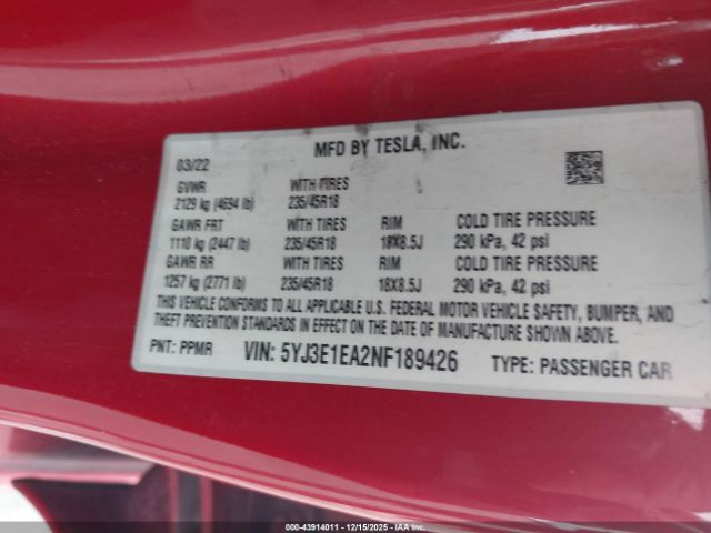 2022 TESLA MODEL 3 5YJ3E1EA2NF189426 Photo 8