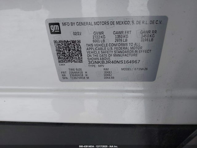 3GNKBJR40NS164967 Chevrolet Blazer Awd 3lt