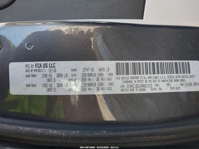 Aukcja sprzedaży 2017 Chrysler Pacifica Touring-l, vin: 2C4RC1BG1HR661312, numer aukcji: 43914099