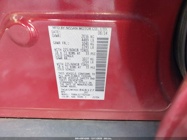 5N1AT2MT4EC868127 Nissan Rogue Sl