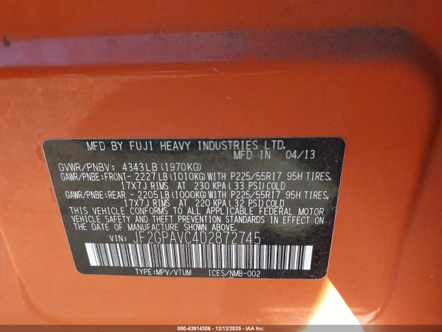 2013 Subaru Xv Crosstrek 2.0i Premium მანქანა იყიდება აუქციონზე, vin: JF2GPAVC4D2872745, აუქციონის ნომერი: 43914306