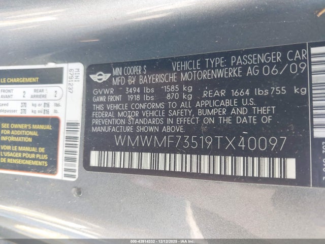 2009 MINI COOPER S WMWMF73519TX40097 Photo 8