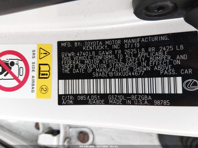 43914389 :رقم المزاد ، 58ABZ1B1XKU044677 vin ، 2019 Lexus Es 350 مزاد بيع