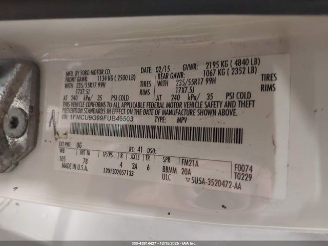 Ford ESCAPE SE 2015 1FMCU9G99FUB46503 Image 9