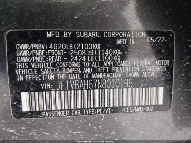 2022 SUBARU WRX JF1VBAH67N8010196 Photo 8