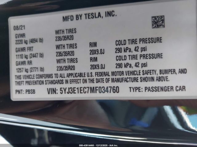 2021 TESLA MODEL 3 5YJ3E1EC7MF034760 Photo 8