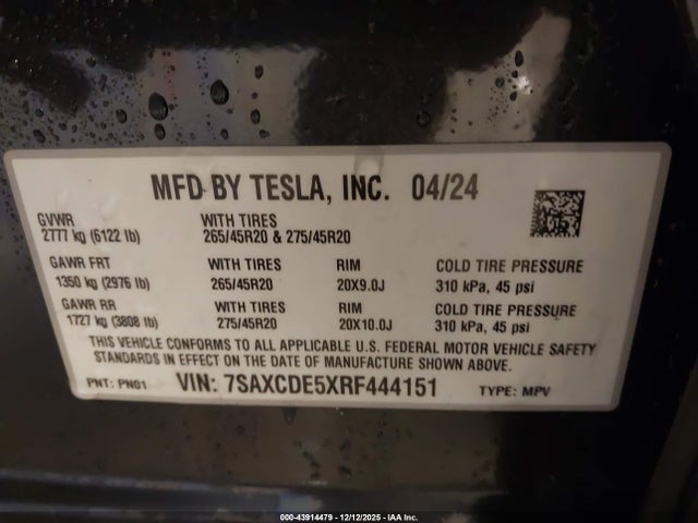 43914479 :رقم المزاد ، 7SAXCDE5XRF444151 vin ، 2024 Tesla Model X Long Range مزاد بيع