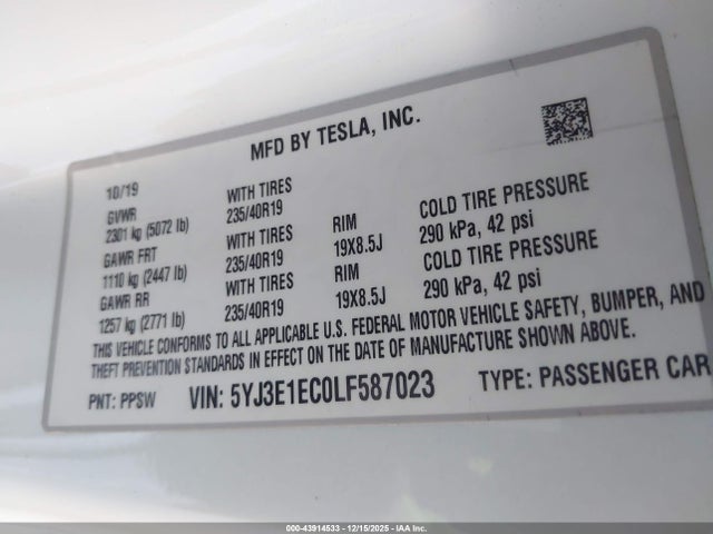 2020 TESLA MODEL 3 5YJ3E1EC0LF587023 Photo 8