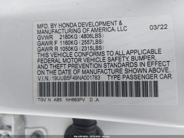 43914535 :رقم المزاد ، 19UUB5F49NA001783 vin ، 2022 Acura Tlx Technology Package مزاد بيع