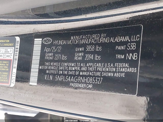 43914556 :رقم المزاد ، 5NPLS4AG9NH085327 vin ، 2022 Hyundai Elantra Sel مزاد بيع