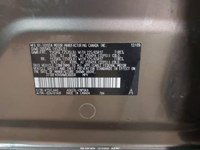 43914624 :رقم المزاد ، 2T3DF4DV8AW036058 vin ، 2010 Toyota Rav4 Limited مزاد بيع