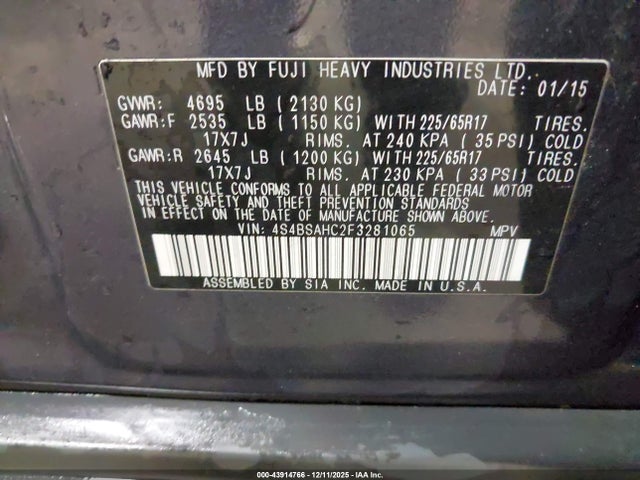 Aukcja sprzedaży 2015 Subaru Outback 2.5i Premium, vin: 4S4BSAHC2F3281065, numer aukcji: 43914766