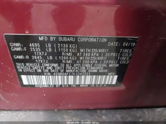 2019 SUBARU OUTBACK 4S4BSAFC7K3347221 Photo 8