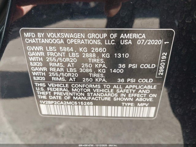 1V2BP2CA2MC515265 Volkswagen Atlas 2.0t Sel
