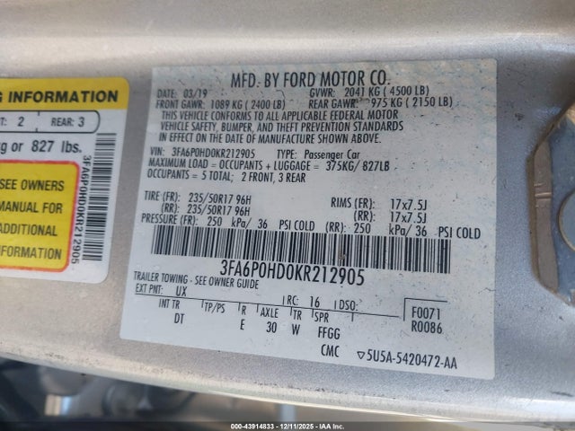 Ford FUSION SE 2019 3FA6P0HD0KR212905 Image 9
