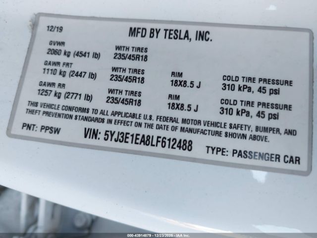 2020 TESLA MODEL 3 5YJ3E1EA8LF612488 Photo 8