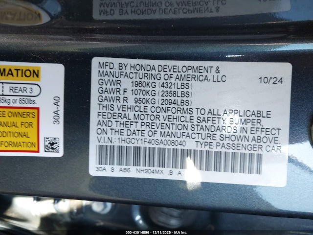 Honda ACCORD SE 2025 1HGCY1F40SA008040 Image 9