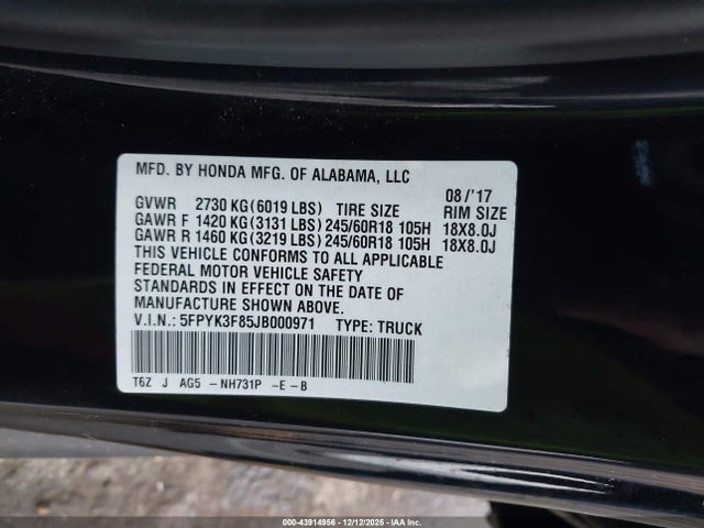 5FPYK3F85JB000971 Honda Ridgeline Black Edition
