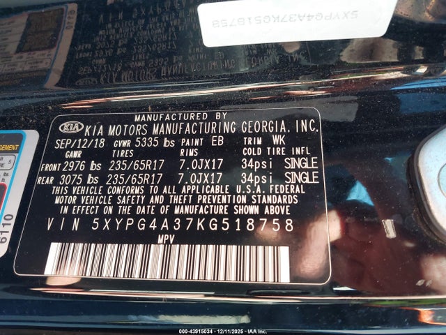 5XYPG4A37KG518758 KIA Sorento 2.4l Lx