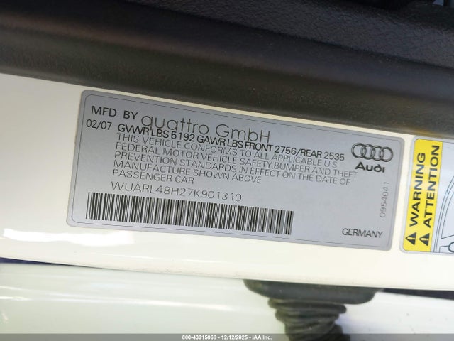 2007 AUDI S4 WUARL48H27K901310 Photo 8