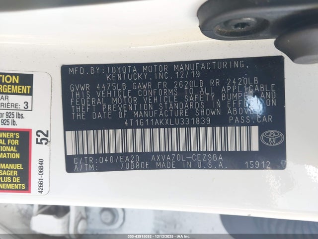 2020 Toyota Camry Se მანქანა იყიდება აუქციონზე, vin: 4T1G11AKXLU331839, აუქციონის ნომერი: 43915092