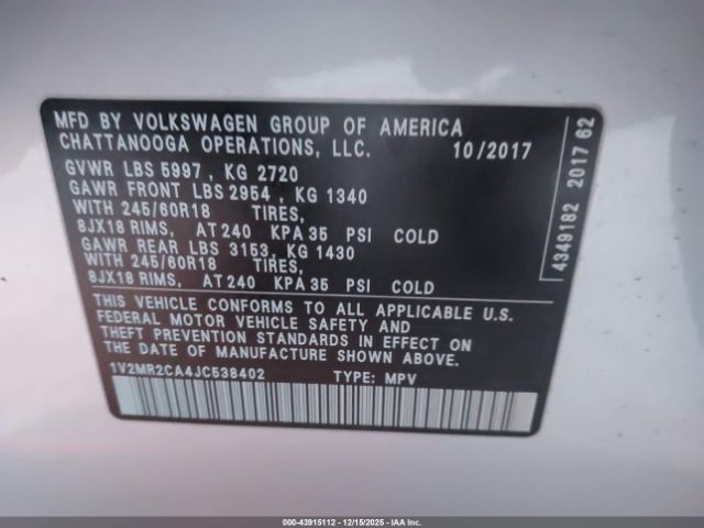 2018 VOLKSWAGEN ATLAS 1V2MR2CA4JC538402 Photo 8