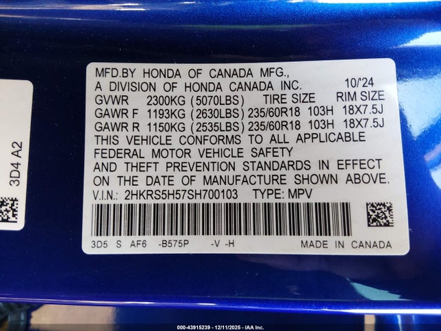 2HKRS5H57SH700103 Honda Cr-v Hybrid Sport