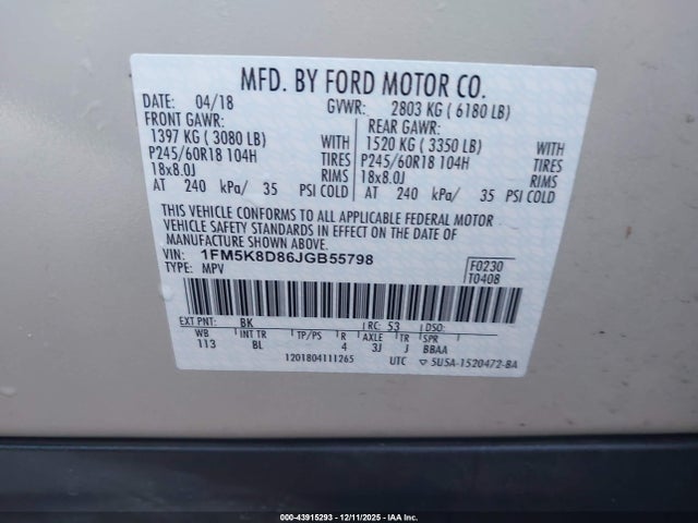 1FM5K8D86JGB55798 Ford EXPLORER XLT