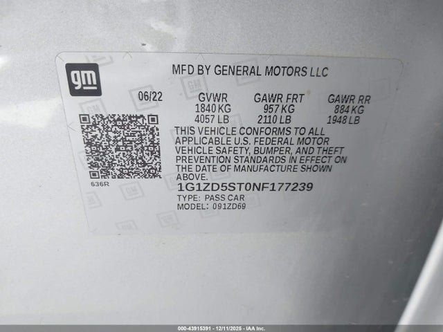 43915391 :رقم المزاد ، 1G1ZD5ST0NF177239 vin ، 2022 Chevrolet Malibu Fwd Lt مزاد بيع
