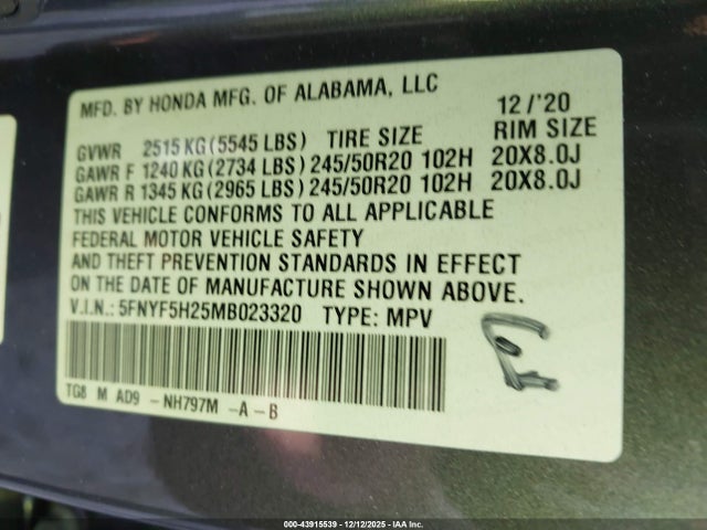 43915539 :رقم المزاد ، 5FNYF5H25MB023320 vin ، 2021 Honda Pilot 2wd Special Edition مزاد بيع