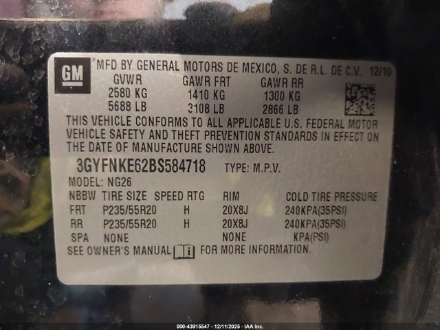 Продаж на аукціоні авто 2011 Cadillac Srx Premium Collection, vin: 3GYFNKE62BS584718, номер лоту: 43915547