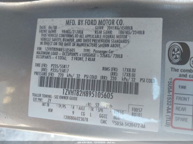 2009 FORD MUSTANG 1ZVHT82H895105605 Photo 8