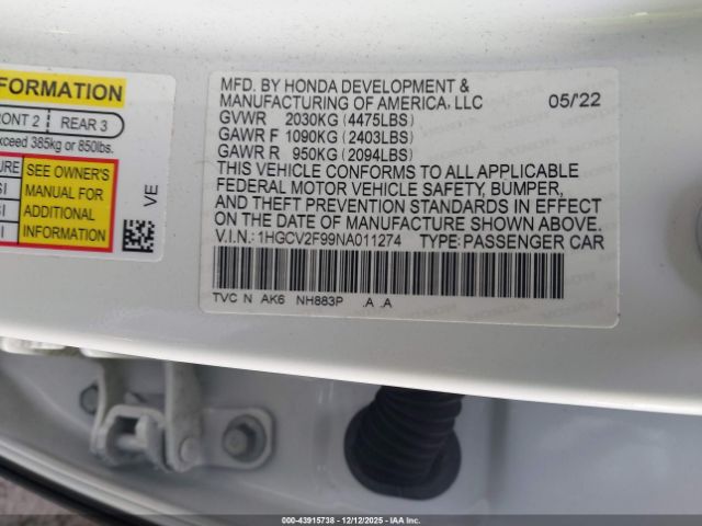 2022 HONDA ACCORD 1HGCV2F99NA011274 Photo 8