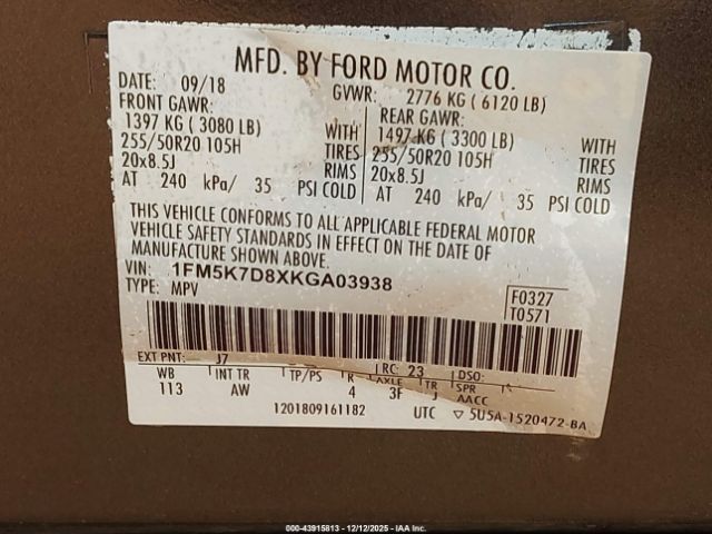 2019 FORD EXPLORER 1FM5K7D8XKGA03938 Photo 8