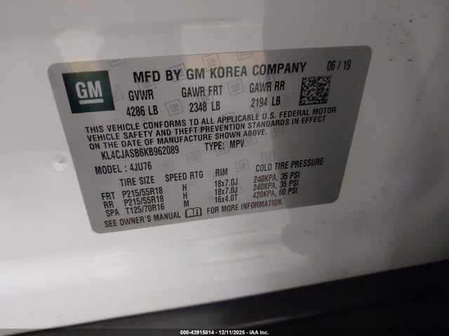 Buick luv: mfi, variable valve timing, alum, e85 max 2019 KL4CJASB6KB962089 Image 9
