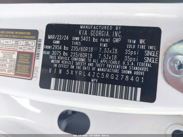 5XYRL4JC5RG278401 KIA SORENTO S