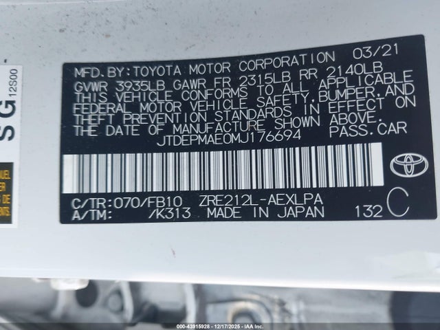 Toyota COROLLA LE 2021 JTDEPMAE0MJ176694 Image 9