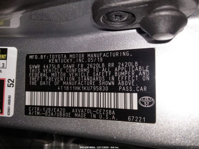 2019 TOYOTA CAMRY 4T1B11HK1KU795830 Photo 8