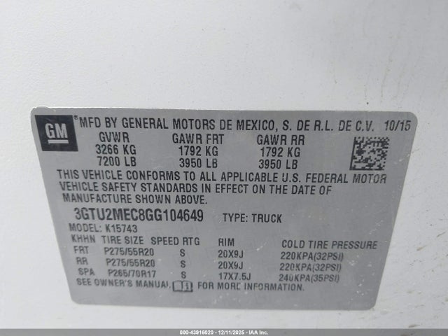 Aukcja sprzedaży 2016 Gmc Sierra 1500 Sle, vin: 3GTU2MEC8GG104649, numer aukcji: 43916020