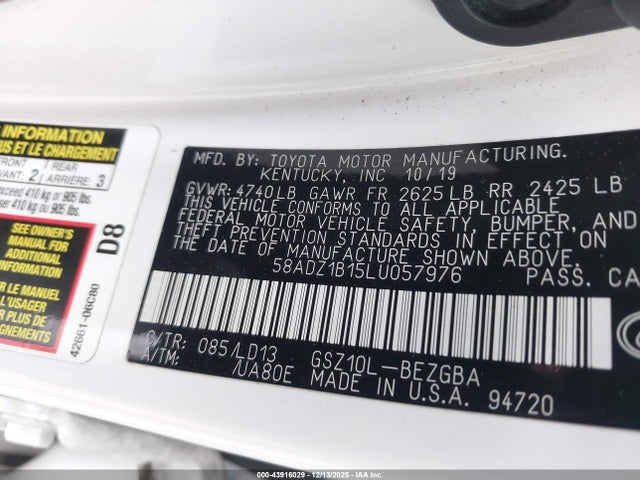 Продажа на аукционе авто 2020 Lexus Es 350, vin: 58ADZ1B15LU057976, номер лота: 43916029