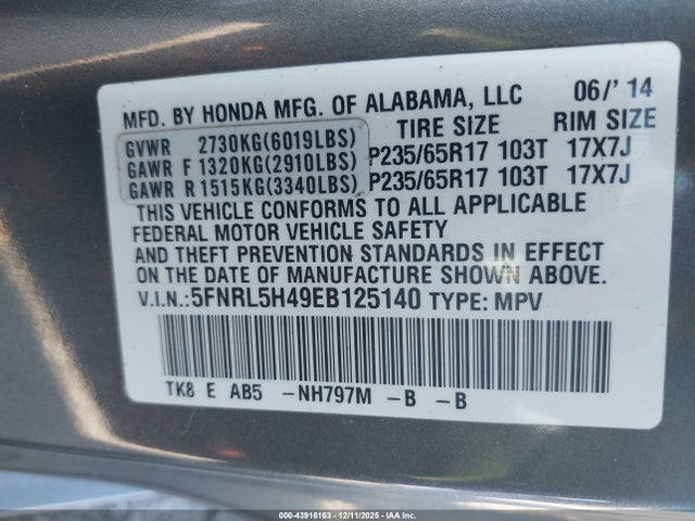 2014 HONDA ODYSSEY 5FNRL5H49EB125140 Photo 8